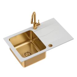 Quadri Fusion Set with Kitchentap and inset copper sink with white drainer 78x48 reversible 1208967390