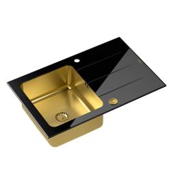 Quadri Glazz inset golden sink with black glass drainer 78x50 reversible 1208967407