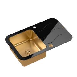 Quadri Glazz inset copper sink with black glass drainer 78x50cm reversible 1208967408