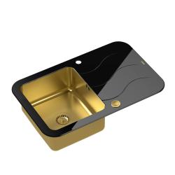 Quadri Glazz inset golden sink with black glass drainer 78x50cm reversible 1208967409