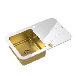 Quadri Glazz inset golden sink with white glass drainer 78x50cm reversible 1208967411