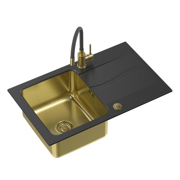 Quadri Fusion set with Kitchentap and inset golden sink with onyx granite drainer 78x48 reversible 1208967415