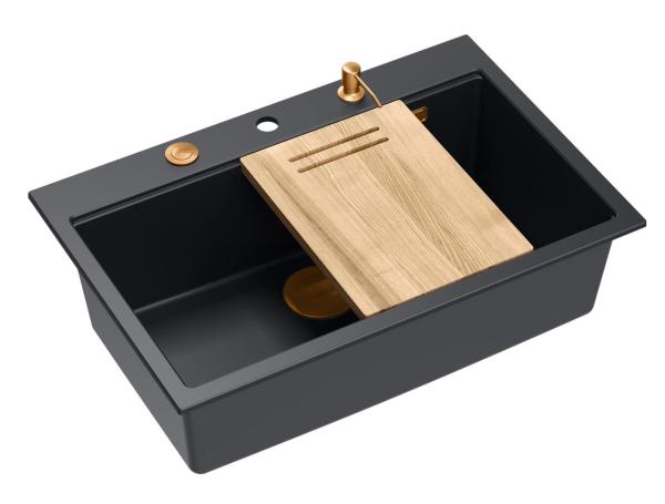 Quadri Hard Rock mat black granite inset large sink 76x50cm including copper plug and accessories 1208967423