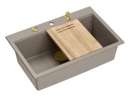 Quadri Hard Rock taupe granite inset large sink 76x50cm including golden plug and accessories 1208967436