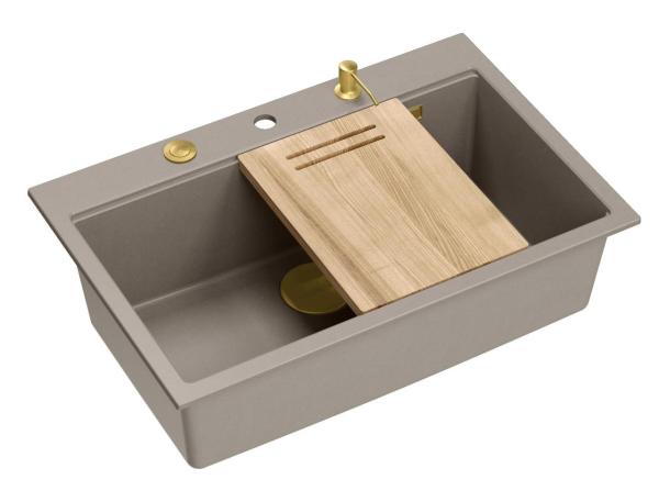 Quadri Hard Rock taupe granite inset large sink 76x50cm including golden plug and accessories 1208967436