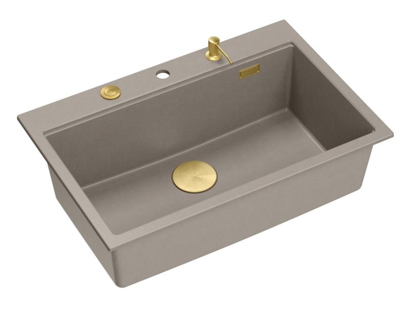 Quadri Hard Rock taupe granite inset large sink 76x50cm including golden plug and accessories 1208967436