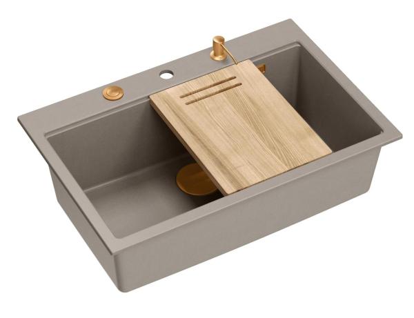 Quadri Hard Rock taupe granite inset large sink 76x50cm including copper plug and accessories 1208967439