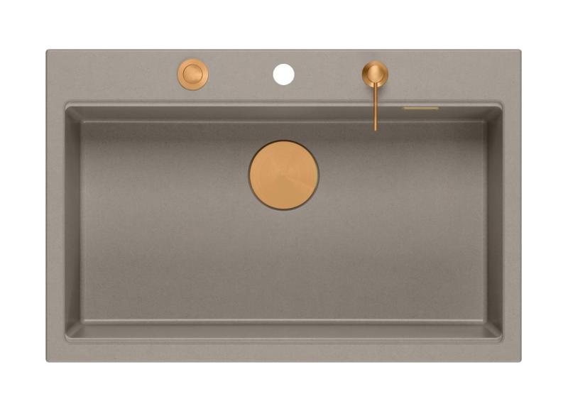 Quadri Hard Rock taupe granite inset large sink 76x50cm including copper plug and accessories 1208967439