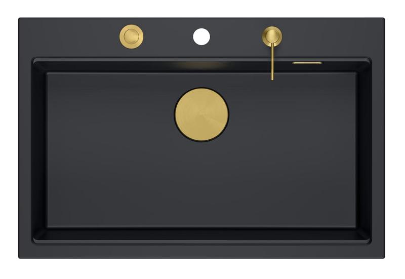 Quadri Hard Rock anthracite granite inset large sink 76x50cm including golden plug and accessories 1208967444