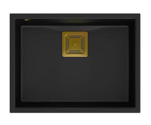 Quadri Quadrangle black undermount granite sink 55x42cm with golden plug 1208967475