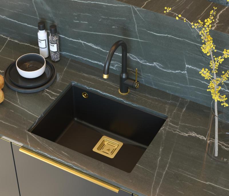 Quadri Quadrangle black undermount granite sink 55x42cm with golden plug 1208967475