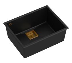 Quadri Quadrangle black undermount granite sink 55x42cm with copper plug 1208967476