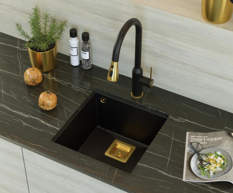 Quadri Quadrangle black undermount granite sink 42x42cm with golden plug 1208967481
