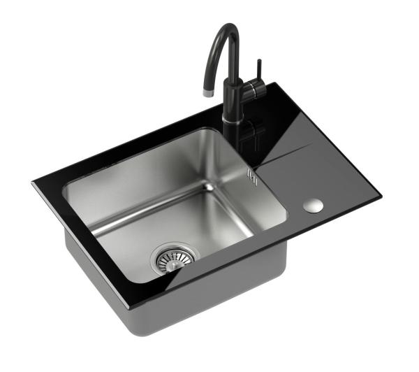 Quadri Glazz Set with Kitchentap and inset stainless steel sink with black glass drainer 64x44cm reversible 1208967493