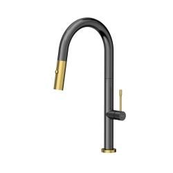 Quadri Brighton kitchen mixer gun metal with golden finish with pull-out spout with sprayer 1208967499