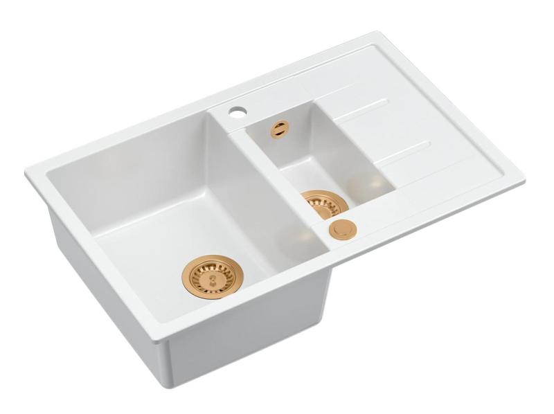 Quadri Brenton white granite inset 1.5 kitchen sink with draining board 78x50cm with copper plug 1208967552