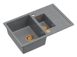 Quadri Brenton grey granite inset 1.5 kitchen sink with draining board 78x50cm with copper plug 1208967561