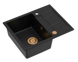 Quadri Dalton black granite Inset Kitchen Sink with draining board reversible 62x50cm with copper plug 1208967569