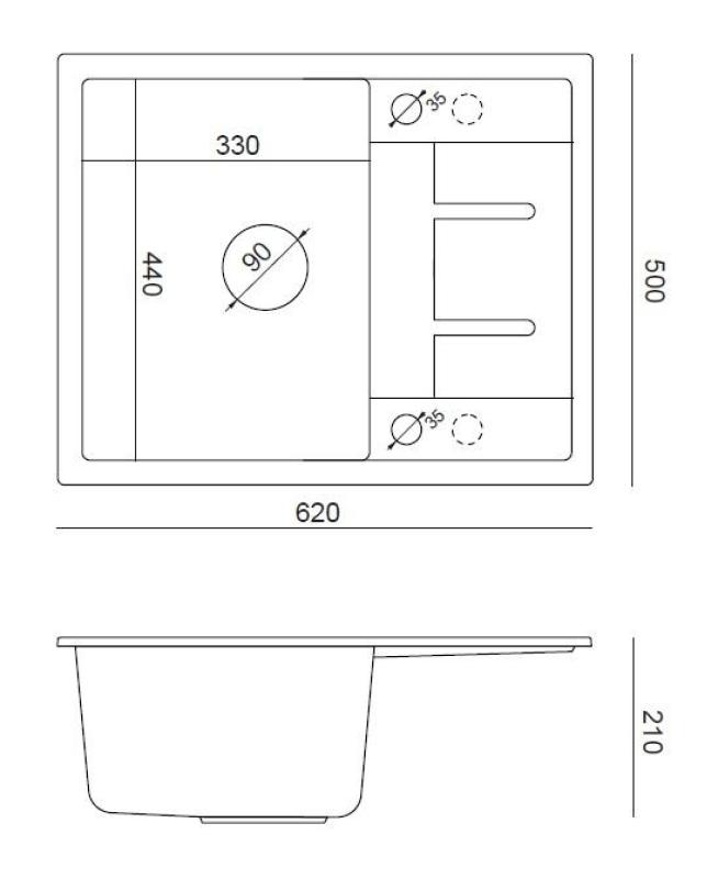 Quadri Dalton anthracite granite Inset Kitchen Sink with draining board reversible 62x50cm with stainless steel plug 1208967570