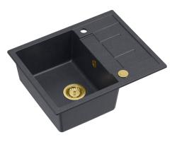 Quadri Dalton anthracite granite Inset Kitchen Sink with draining board reversible 62x50cm with golden plug 1208967571