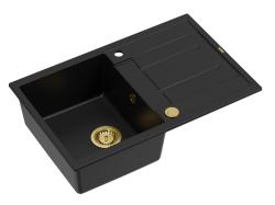 Quadri Sheffield Black Granite Top-Mount Sink 78x50cm  with Draining Board and Gold Plug - 1208967581