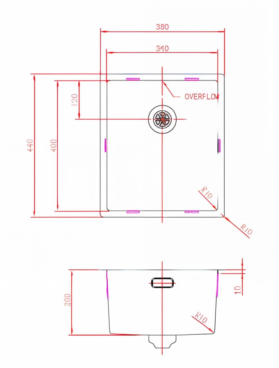 Pure.Sink Prestige sink 34x40 cm PVD Copper 10mm radius undermount, flush mount, and top mount PPG3440-62