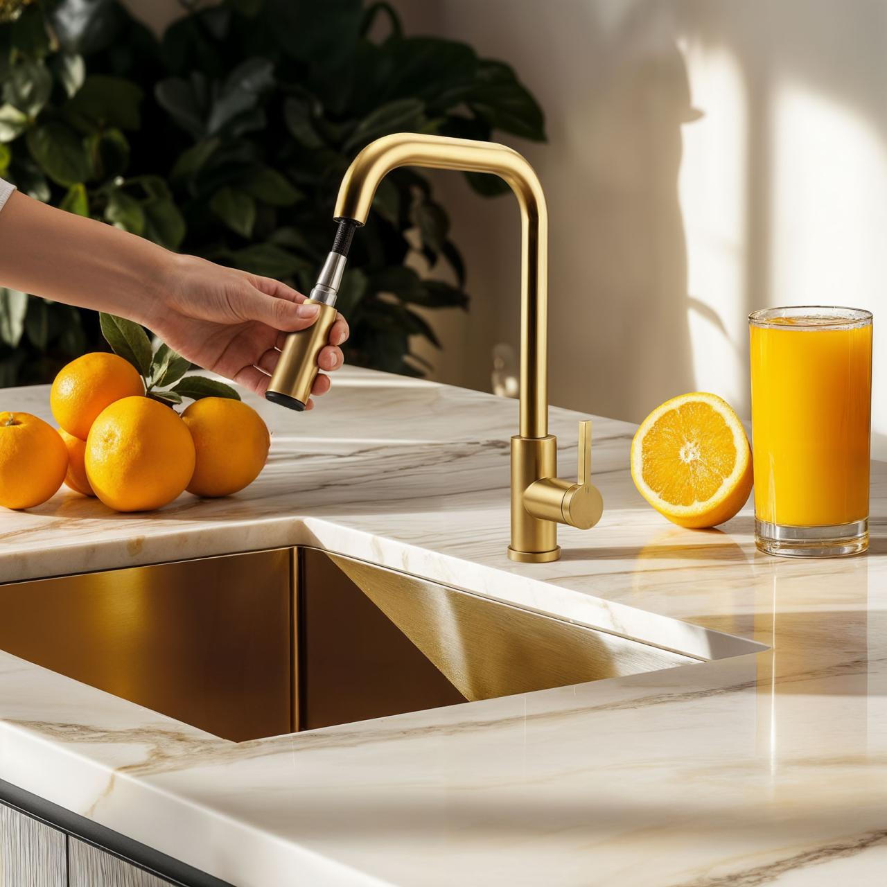 Pure.Sink Elite Steel Crystal-S kitchen faucet PVD brushed gold with pull-out spout PS8050-60 - Productafbeelding 2