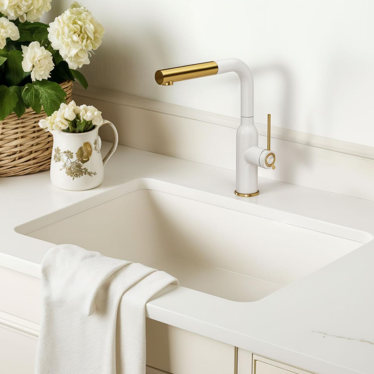 Quadri Stamford Kitchen Mixer Tap White with PVD Gold Finish and Pull-Out Spout 1208967686 - Productafbeelding 2