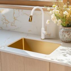 Quadri Stamford Kitchen Mixer Tap White with PVD Gold Finish with Pull-Out Spout and Spray Function 1208967690
