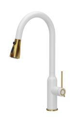 Quadri Stamford Kitchen Mixer Tap White with PVD Gold Finish with Pull-Out Spout and Spray Function 1208967690