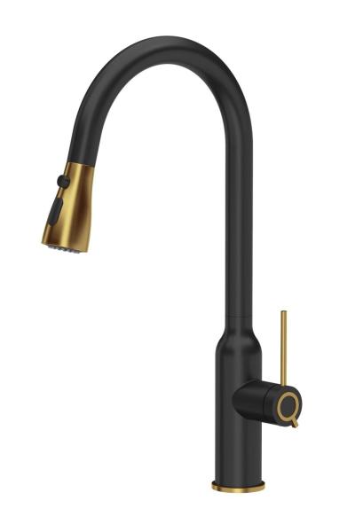 Quadri Stamford Kitchen Faucet Black with PVD Gold Finish with Pull-Out Spout and Spray Mode 1208967693