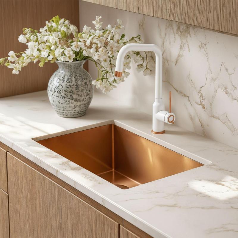 Quadri Stamford Kitchen Mixer Tap White with PVD Copper Finish with Swivel Angular Spout 1208967700