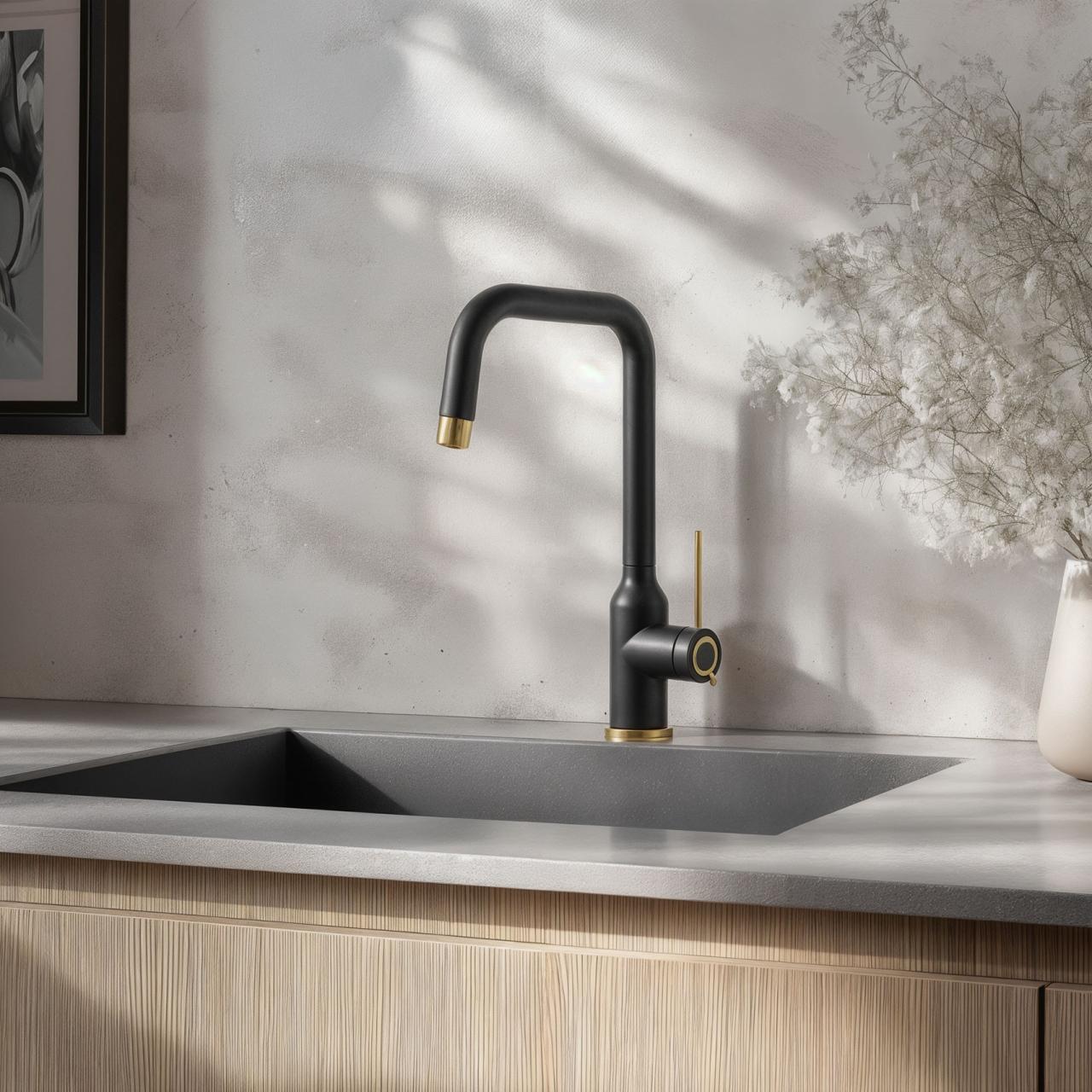 Quadri Stamford Kitchen Mixer Tap Black with PVD Gold Finish with Swivel Angular Spout 1208967703 - Productafbeelding 2