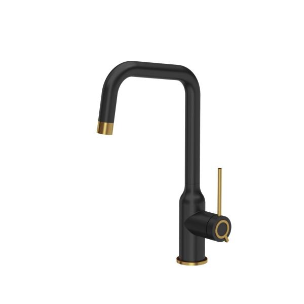 Quadri Stamford Kitchen Mixer Tap Black with PVD Gold Finish with Swivel Angular Spout 1208967703