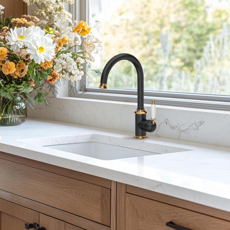 Quadri Worksop Classic Nostalgic Black with PVD Gold Finish Kitchen Faucet with Ceramic Handle 1208967725