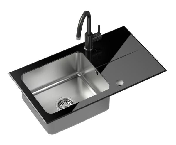 Quadri Glazz Set with Kitchen Faucet and Built-In Stainless Steel Sink with Black Glass Draining Area - 77x44cm Reversible - 1208967734