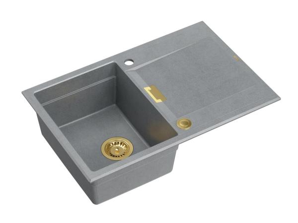 Quadri Minton Granite Top-Mount Grey Sink 76x50cm with Reversible Draining Board and Gold Plug - 1208967742