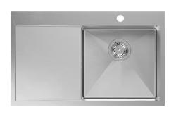 Aquadesign Clara Stainless Steel Sink with Right-Side Bowl 78x48cm Top-Mount or Flush-Mount with Drip Tray, Faucet Deck, and Stainless Steel Plug - 1208967754