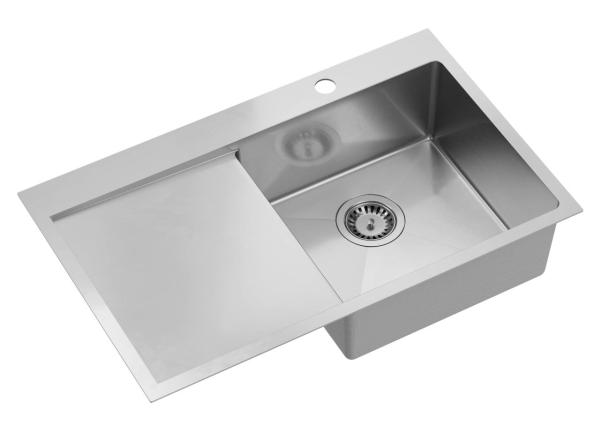 Aquadesign Clara Stainless Steel Sink with Right-Side Bowl 78x48cm Top-Mount or Flush-Mount with Drip Tray, Faucet Deck, and Stainless Steel Plug - 1208967754