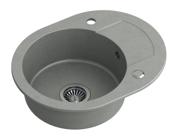 Quadri London Gray Granite Round Sink with Draining Area and Stainless Steel Plug 585x460mm Reversible - 1208967772