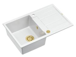 Quadri Sheffield White Granite Top-Mount Sink 78x50cm with Draining Area and Gold Plug - 1208967802