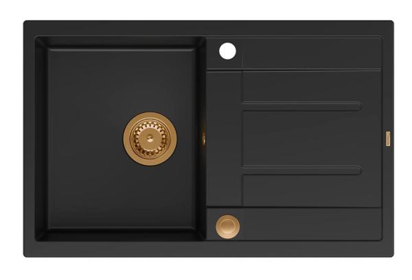 Quadri Sheffield Black Granite Top-Mounted Sink 78x50cm with Draining Area and Copper Plug - 1208967804