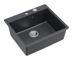 Quadri Sheffield Anthracite Granite Top-Mount or Undermount Sink 57x50 cm with Faucet Ledge and Stainless Steel Plug - 1208967811