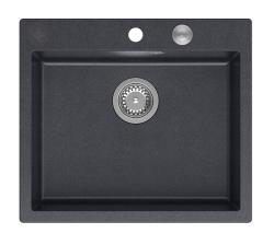 Quadri Sheffield Anthracite Granite Top-Mount or Undermount Sink 57x50 cm with Faucet Ledge and Stainless Steel Plug - 1208967811