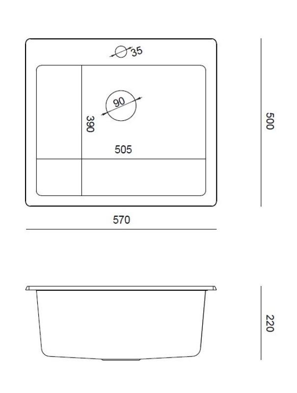 Quadri Sheffield Anthracite Granite Top-Mount or Undermount Sink 57x50 cm with Faucet Ledge and Stainless Steel Plug - 1208967811