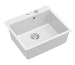 Quadri Sheffield White Granite Top-Mount or Undermount Sink 57x50 cm with Faucet Deck and Stainless Steel Plug - 1208967815