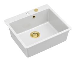 Quadri Sheffield White Granite Top-Mount or Undermount Sink 57x50 cm with Tap Platform and Gold Plug - 1208967817