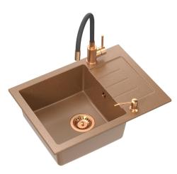 Quadri Kendal Set with Flexible Spout Kitchen Faucet, Liquid Dispenser, and Copper-Colored Granite Sink 60x44 cm with Draining Area - 1208967833