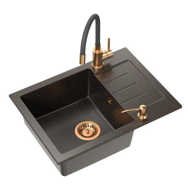 Quadri Kendal Set with Kitchen Faucet with Flexible Spout, Liquid Dispenser, and Granite Anthracite Copper-Colored Sink 60x44 cm with Draining Area - 1208967837