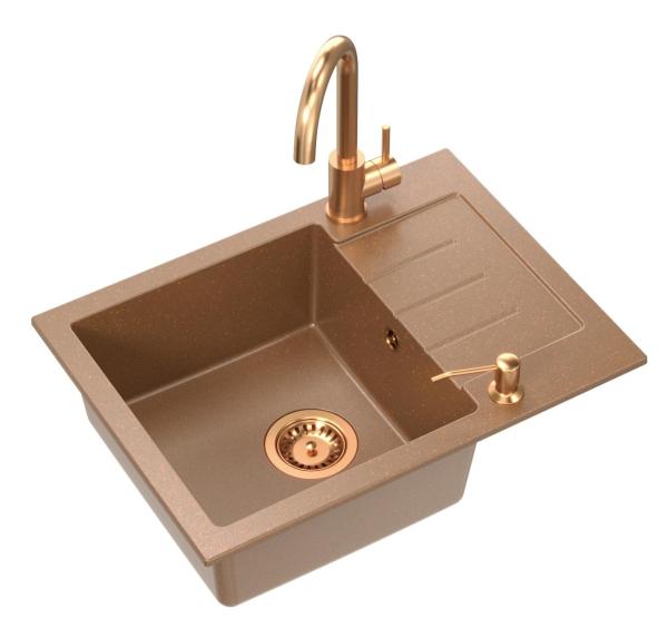 Quadri Kendal Set with Kitchen Faucet, Liquid Dispenser, and Granite Copper-colored Sink 60x44 cm with Draining Area and Copper Plug and Overflow - 1208967840